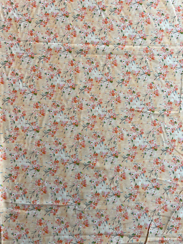 Peach Floral Printed Muslin Fabric