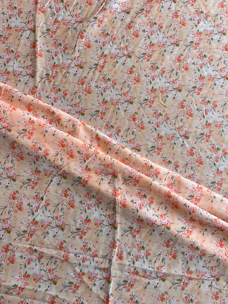 Peach Floral Printed Muslin Fabric