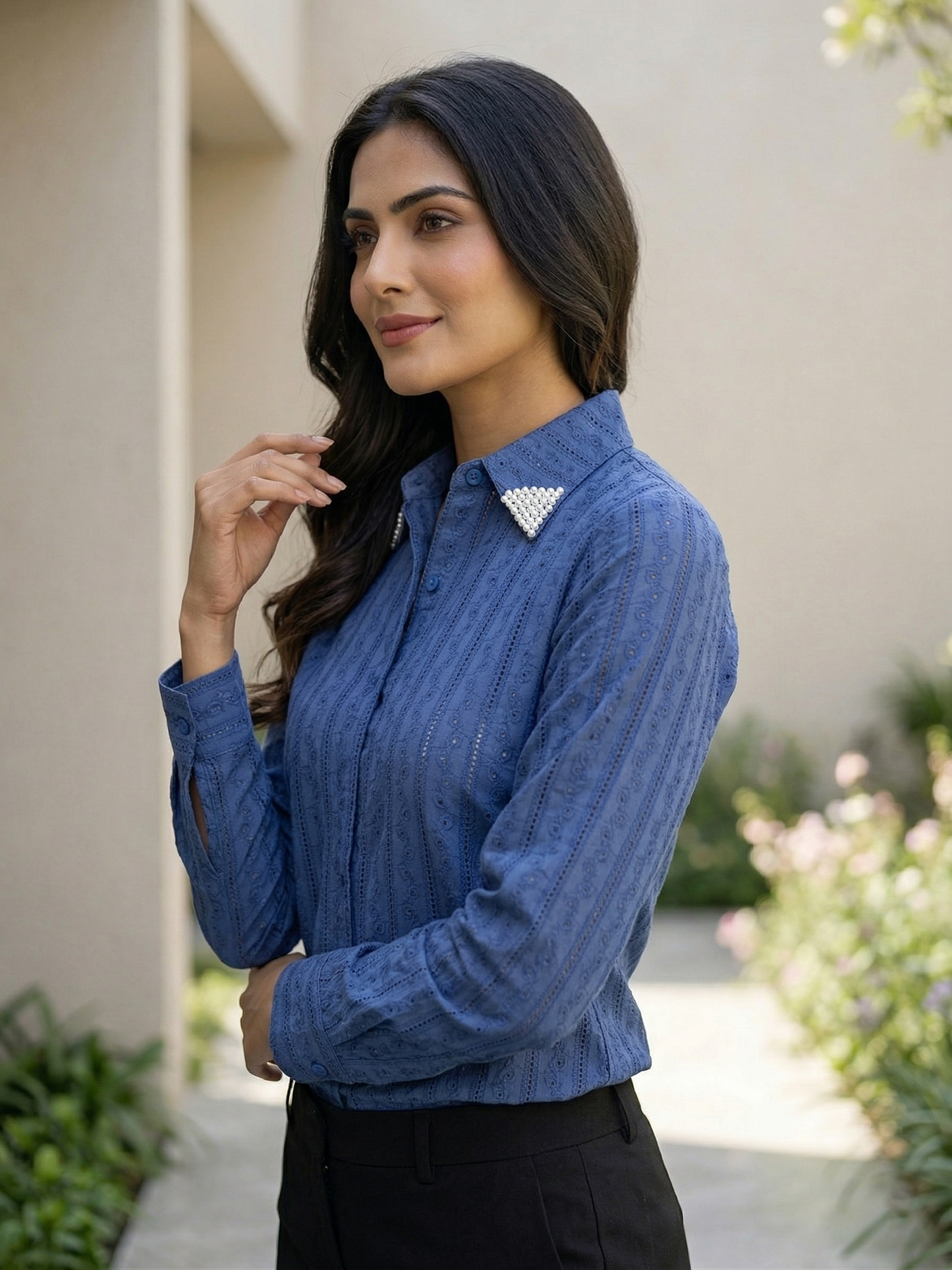 Blue Embroidered Cotton Shirt with Pearl Work