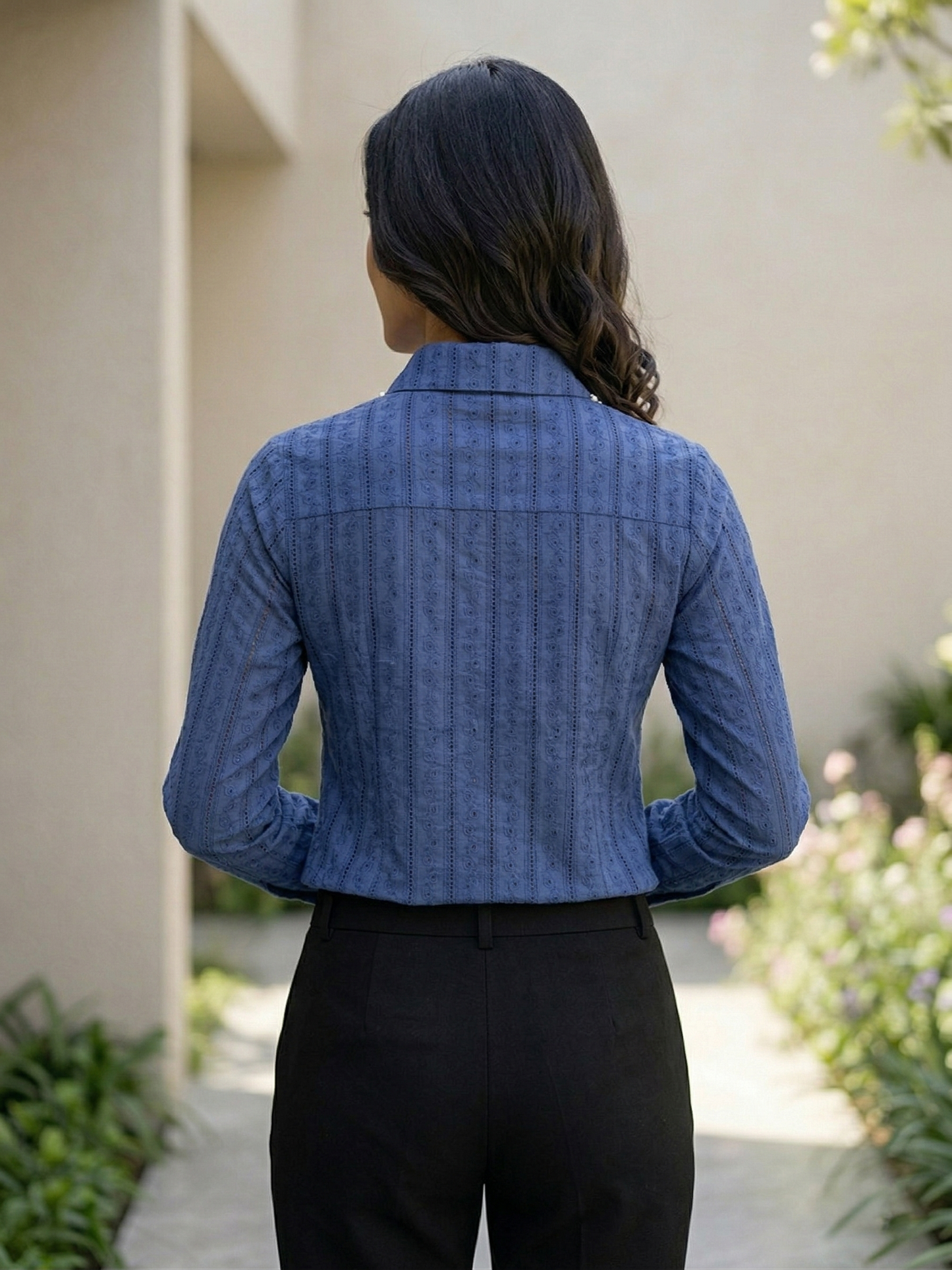 Blue Embroidered Cotton Shirt with Pearl Work
