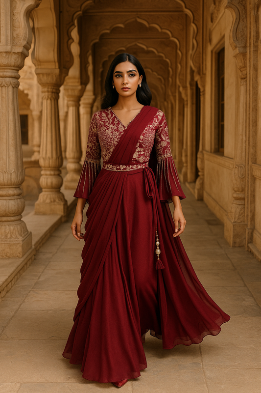Maroon Lehanga with Drape