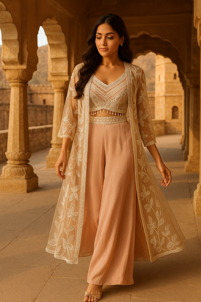 Peach Indo Western Embellished with Pearl and Sequence Work