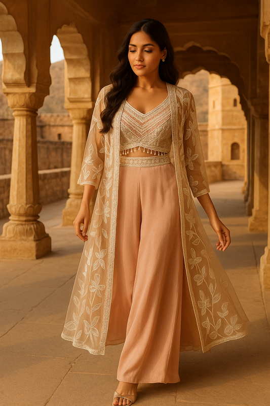 Peach Indo Western Embellished with Pearl and Sequence Work