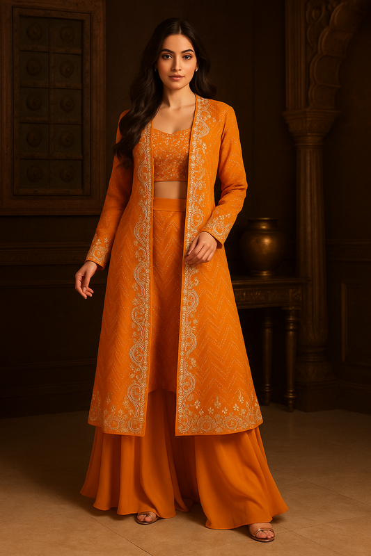 Kesari Pleated Skirt with Hand Work Crop Top and Jacket