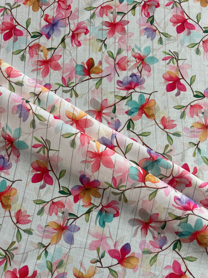 Multi Colour Floral Printed Self Weaved Lurex Cotton Fabric