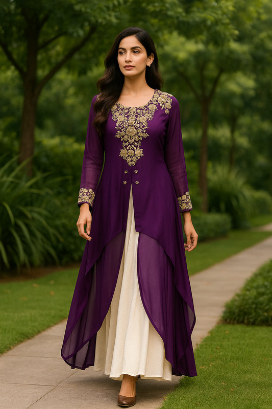 Purple Georgette Double Layer Gown