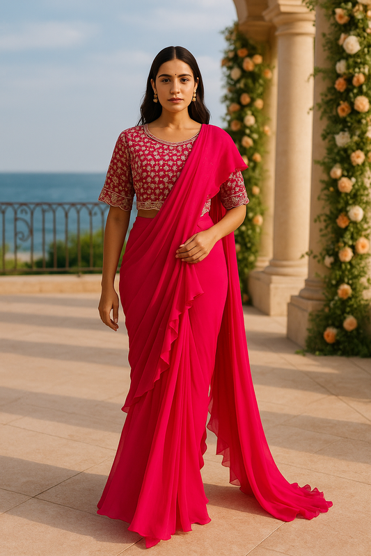 Rani Pink Drape Saree with Pearl Work Blouse