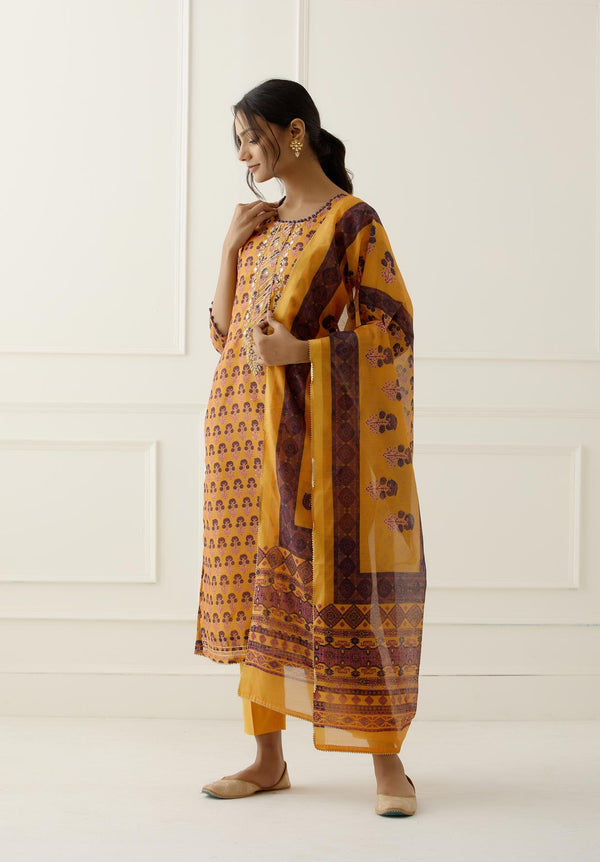 Yellow Jaipuri Print Chanderi Suit Set