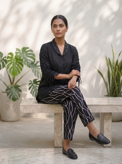 Black Linen Embroidered Co-ord Set