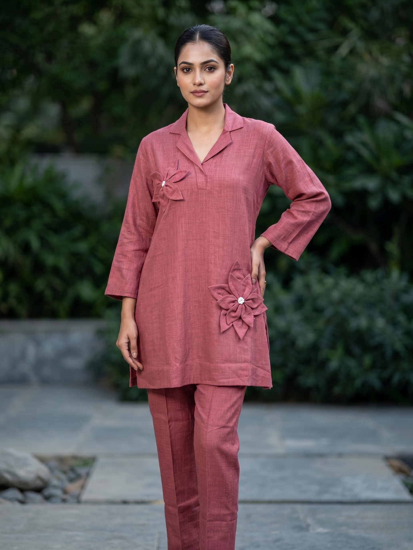 Wine Linen Co-ord Set with Applique Flowers