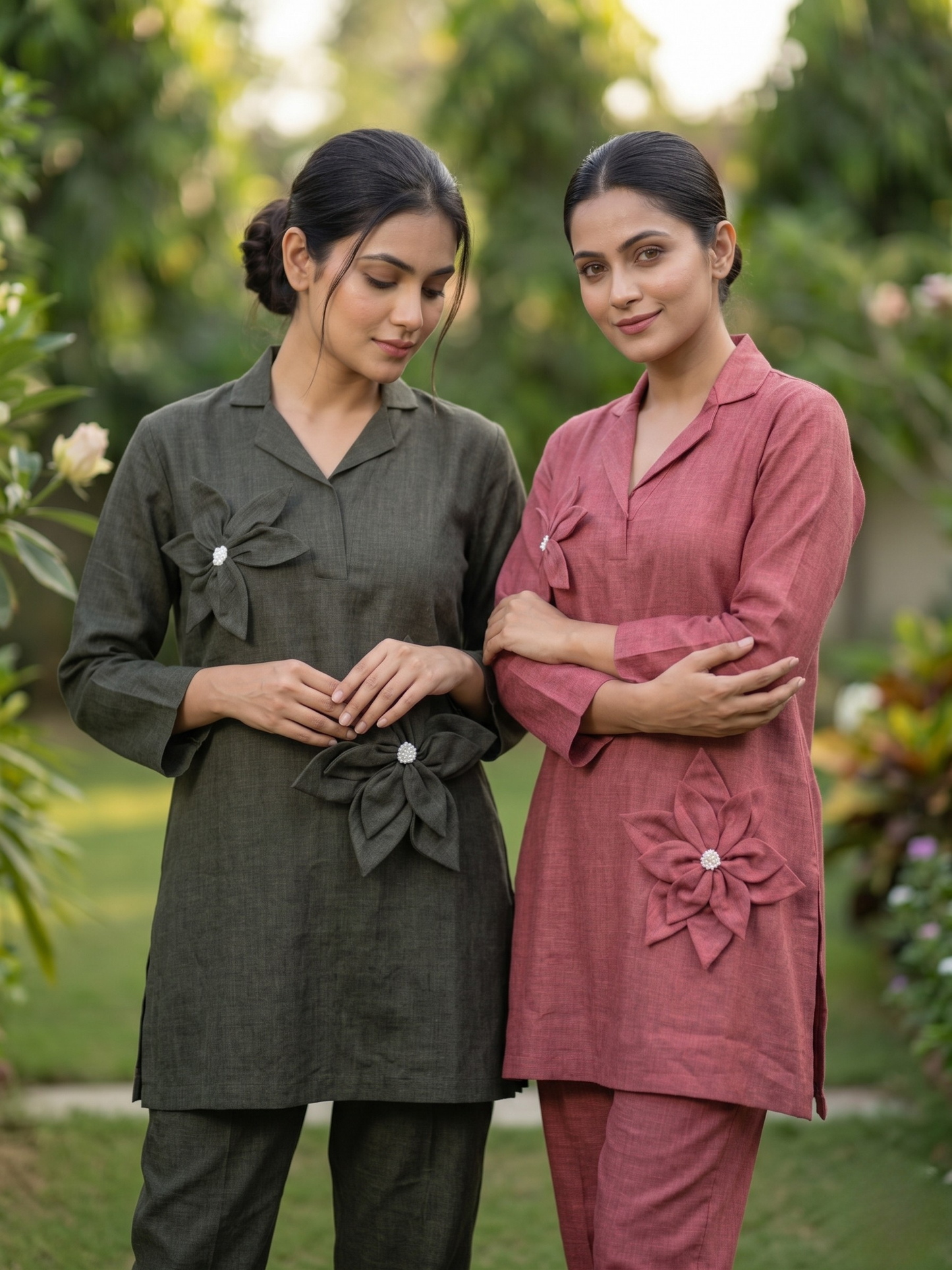 Wine Linen Co-ord Set with Applique Flowers