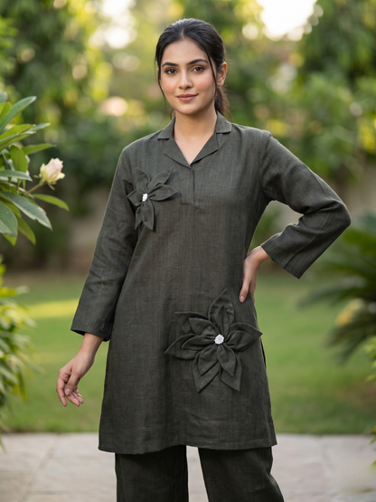 Grey Linen Co-ord Set with Applique Flowers