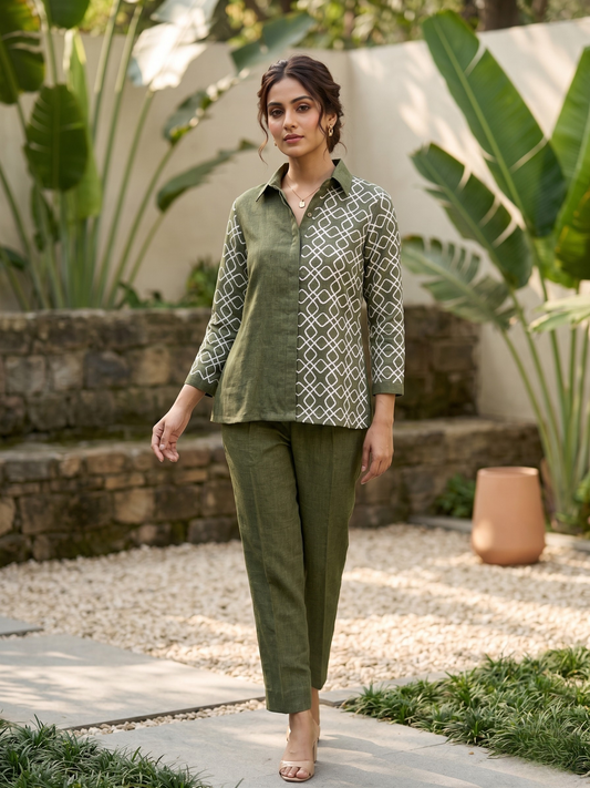Green Embroidered Linen Co-ord Set