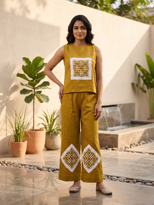 Mustard Linen Embroidered Sleeveless Co-ord Set