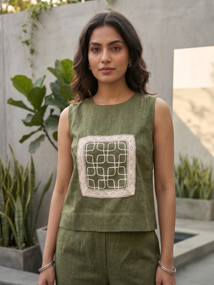 Green Linen Embroidered Sleeveless Co-ord Set