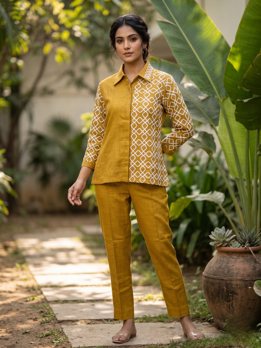 Mustard Embroidered Linen Co-ord Set