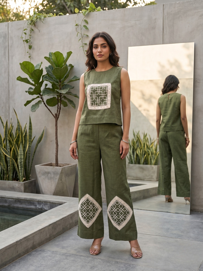 Green Linen Embroidered Sleeveless Co-ord Set