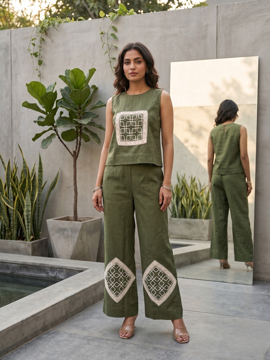 Green Linen Embroidered Sleeveless Co-ord Set