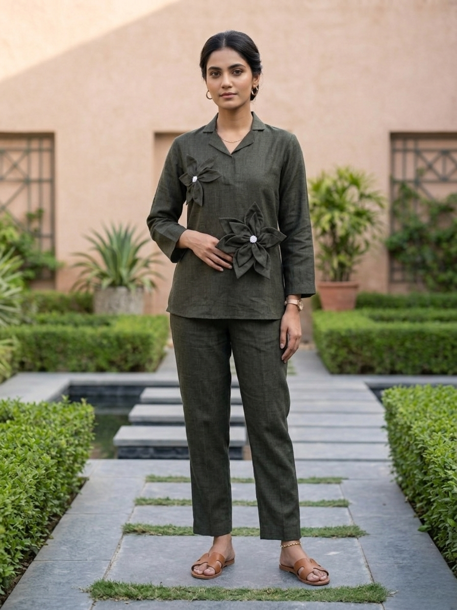 Grey Linen Co-ord Set with Applique Flowers