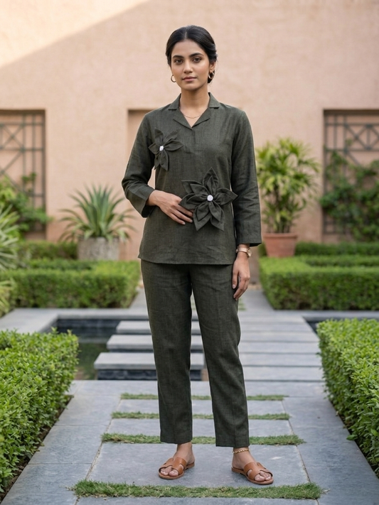 Grey Linen Co-ord Set with Applique Flowers