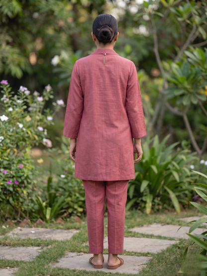 Wine Linen Co-ord Set with Applique Flowers