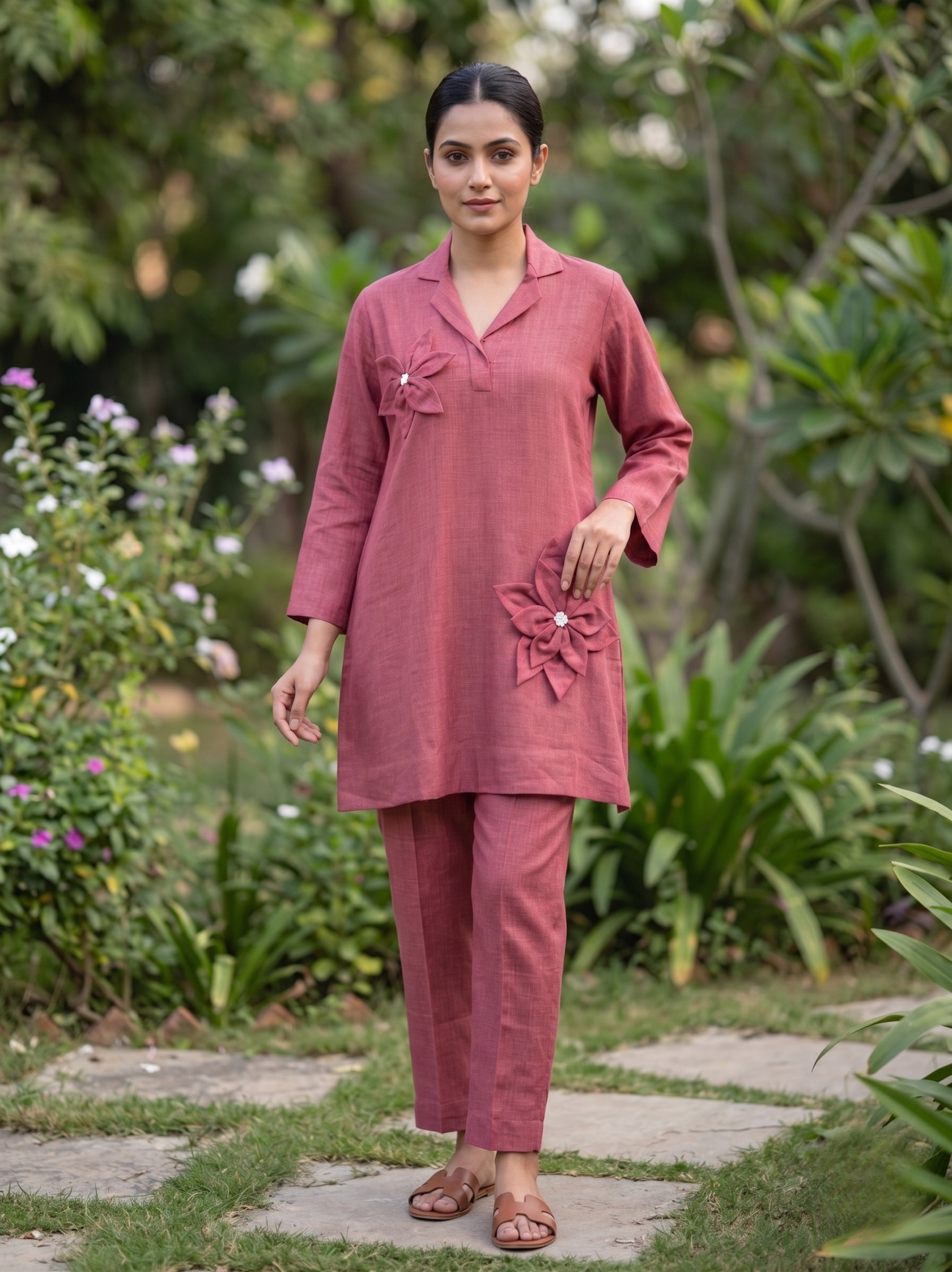 Wine Linen Co-ord Set with Applique Flowers