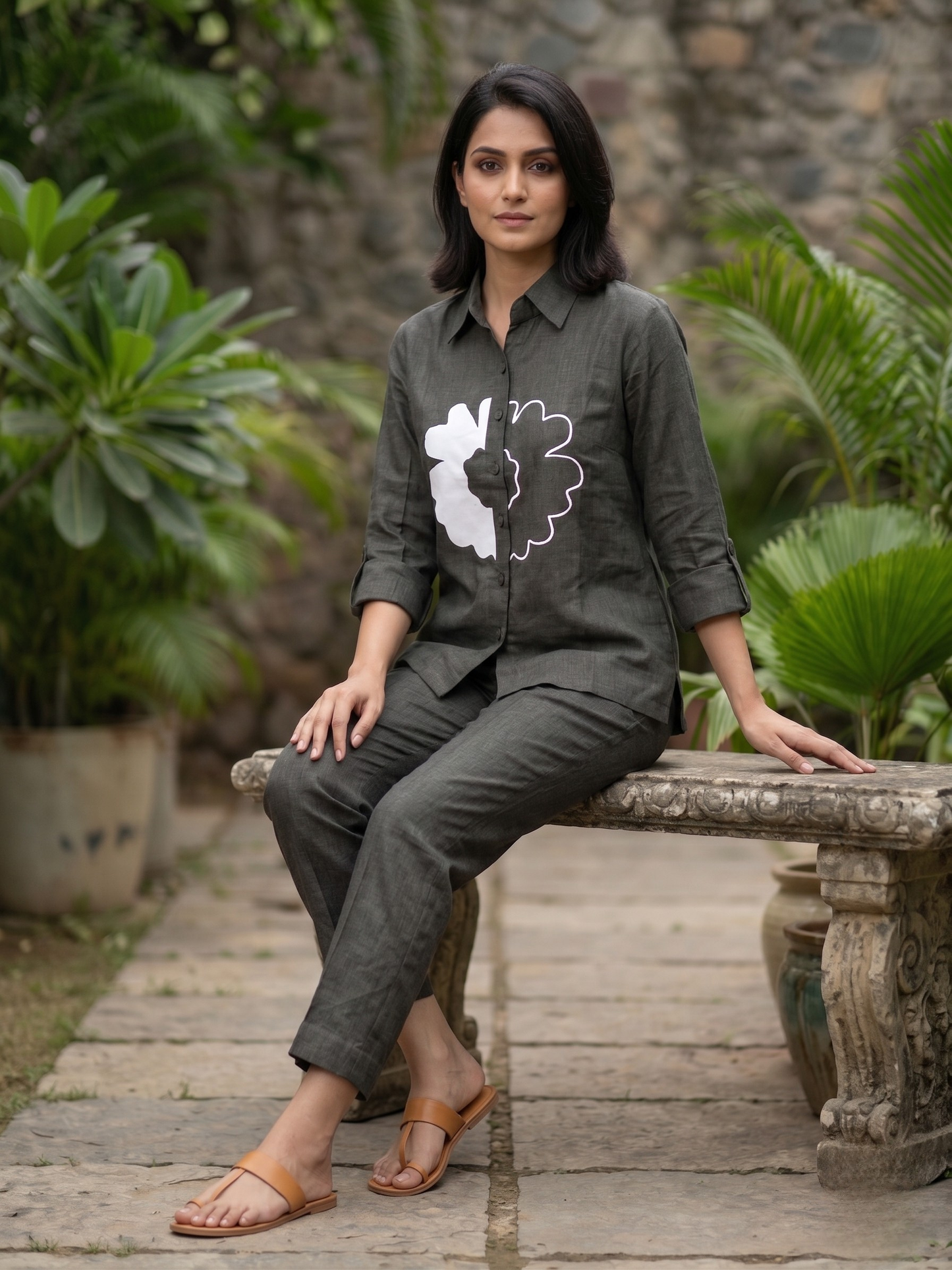 Grey Linen Flower Co-ord Set