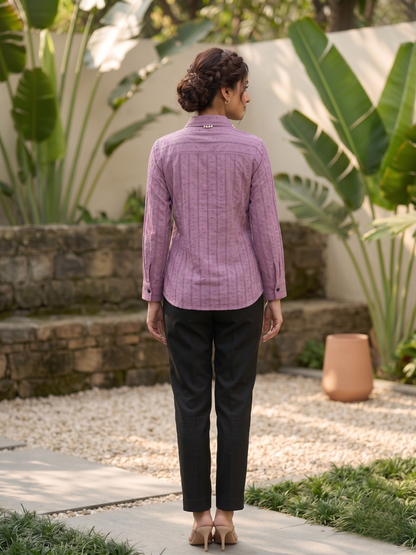 Wine Embroidered Cotton Shirt with Pearl Work