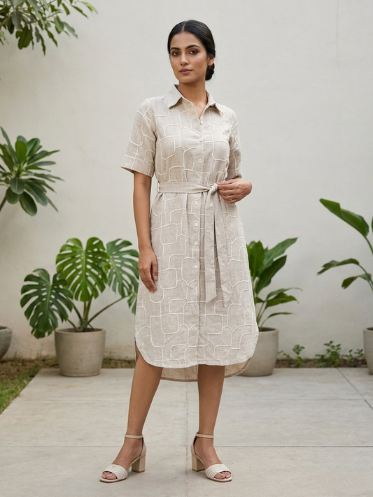 Beige Embroidered Linen Dress