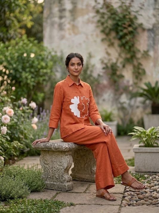 Orange Linen Flower Co-ord Set