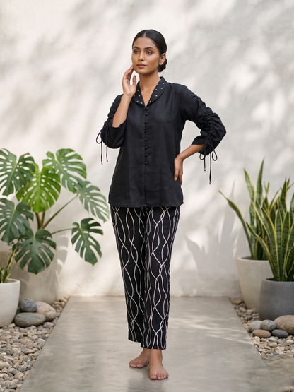 Black Linen Embroidered Co-ord Set