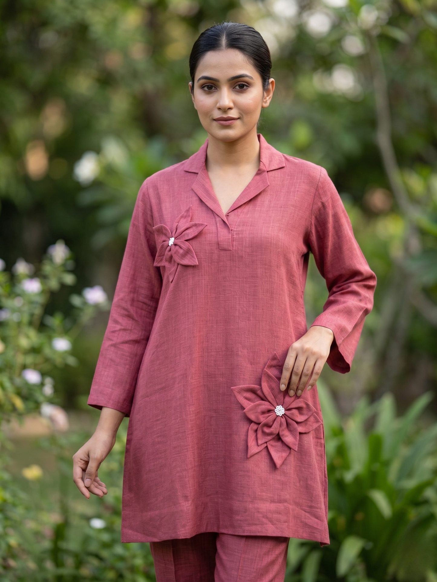 Wine Linen Co-ord Set with Applique Flowers