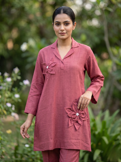 Wine Linen Co-ord Set with Applique Flowers