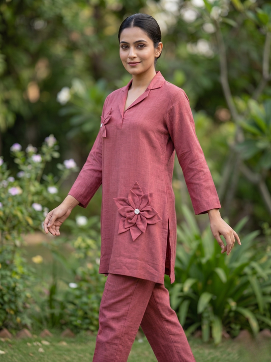 Wine Linen Co-ord Set with Applique Flowers