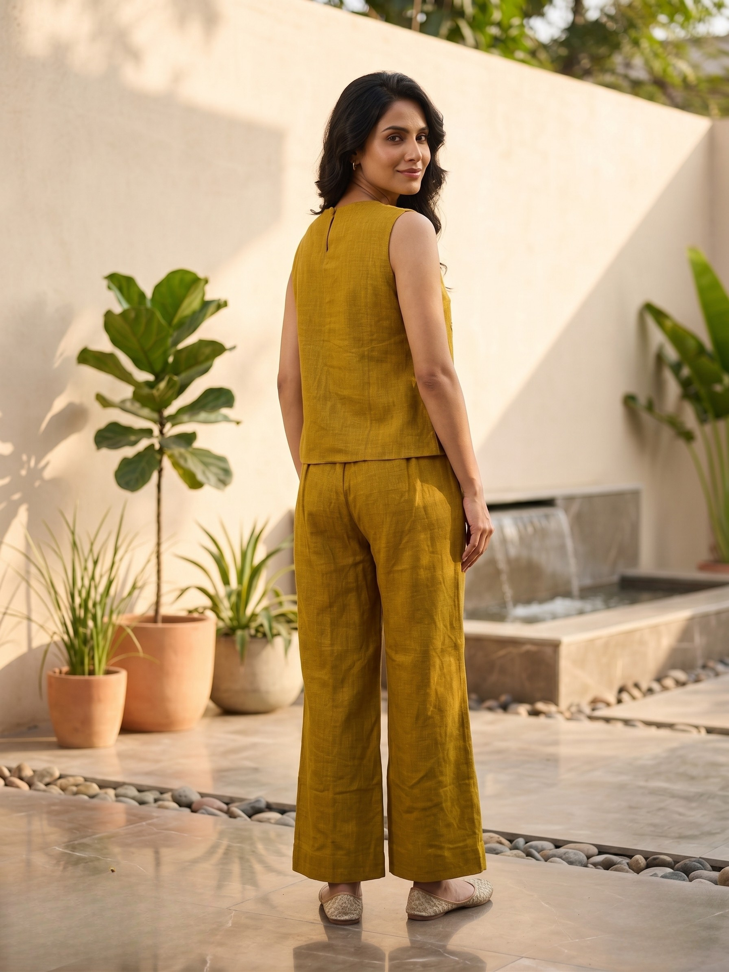 Mustard Linen Embroidered Sleeveless Co-ord Set