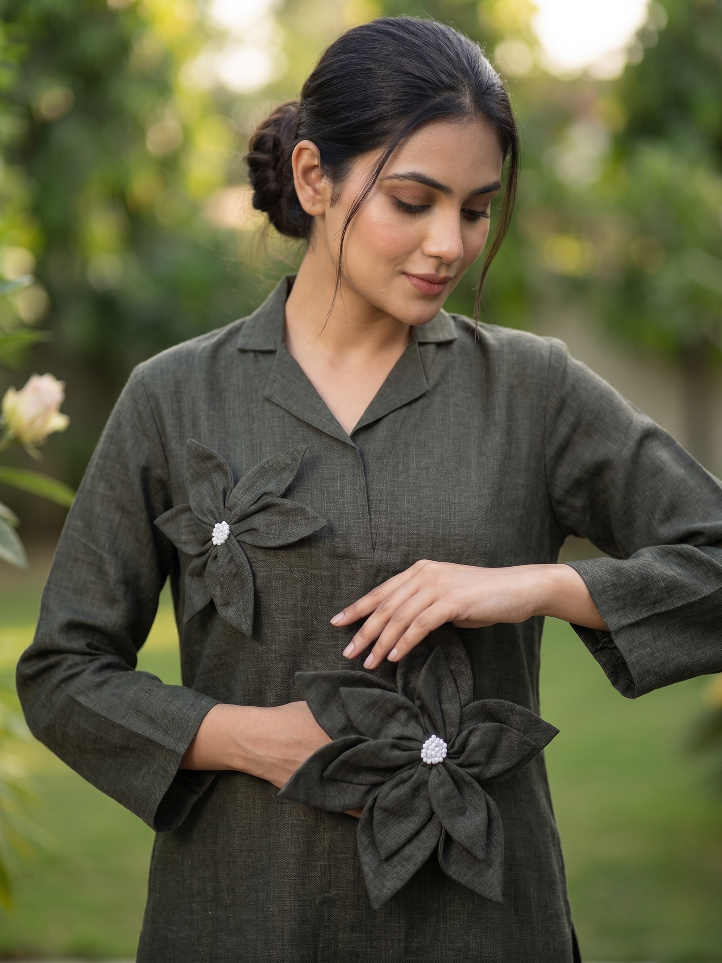 Grey Linen Co-ord Set with Applique Flowers