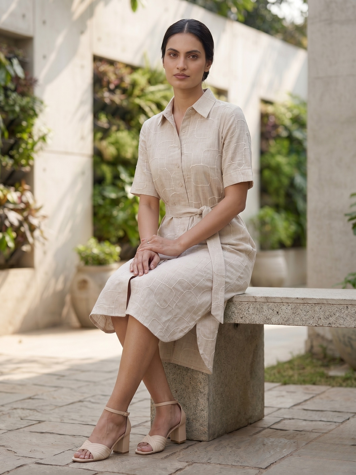 Beige Embroidered Linen Dress