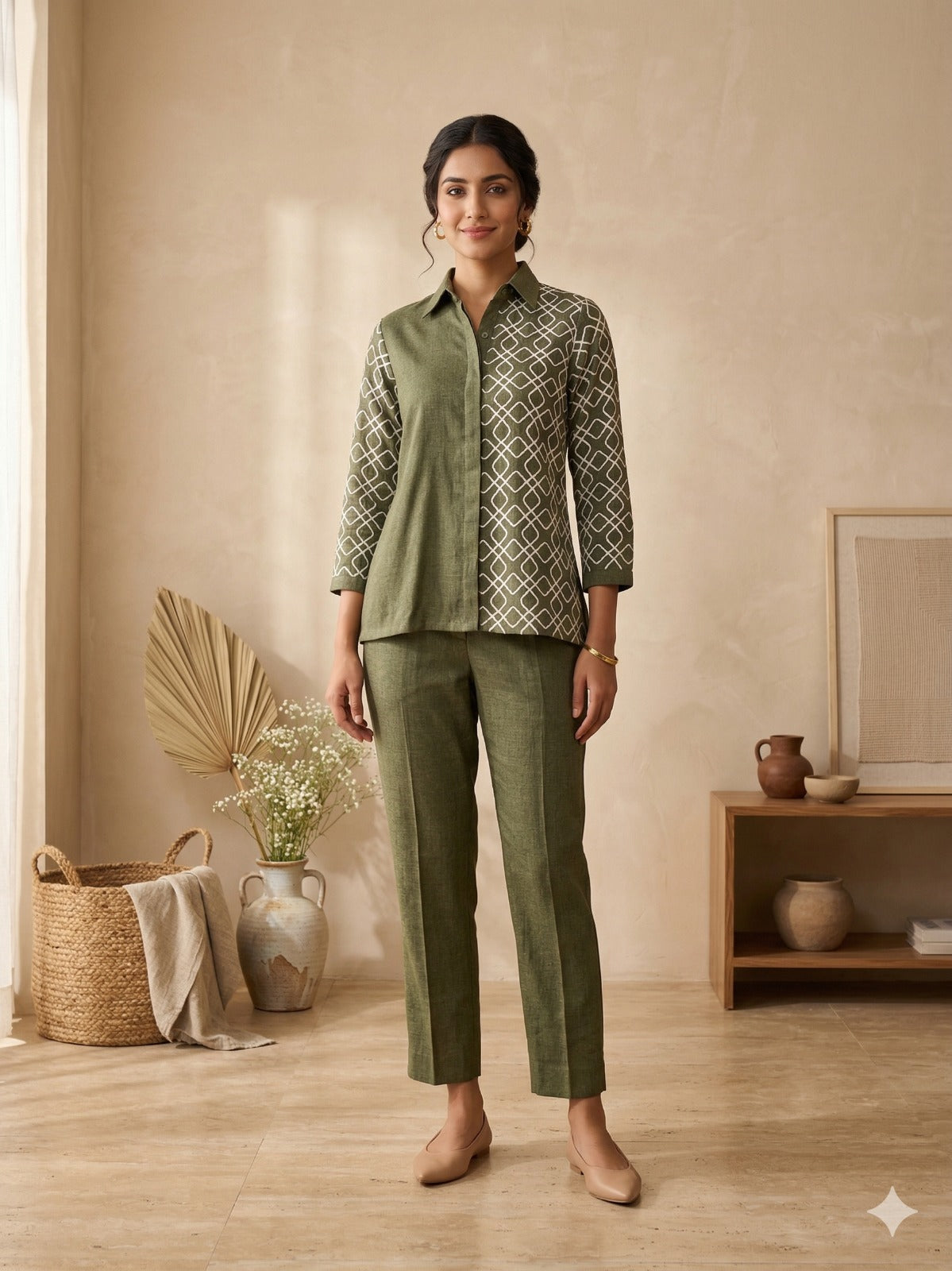 Green Embroidered Linen Co-ord Set