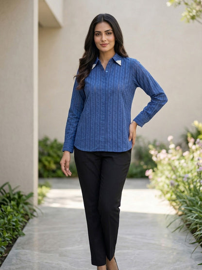 Blue Embroidered Cotton Shirt with Pearl Work