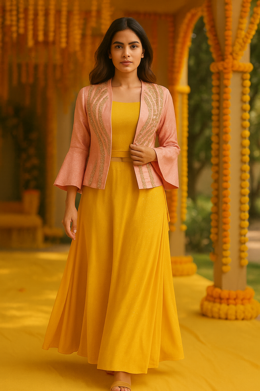 Crepe Skirt and Crop Top with Peach Handwork Jacket