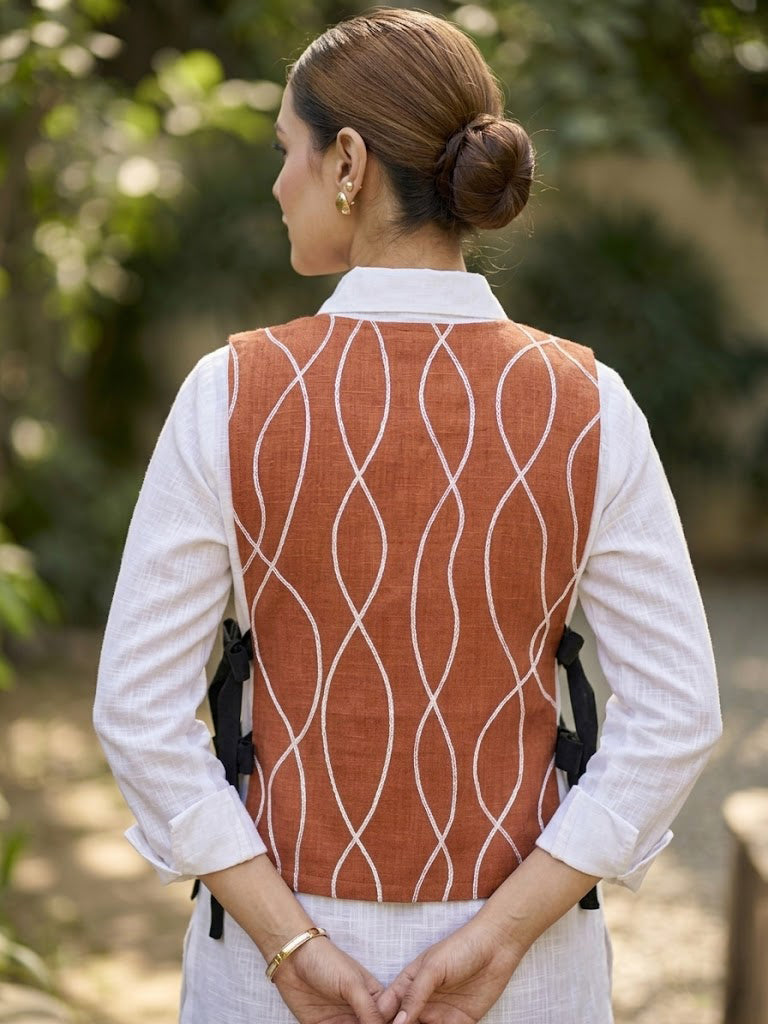 Rust Linen Embroidred Co-ord Set with Vest