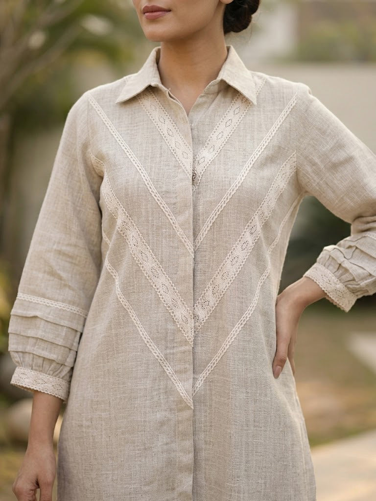 Beige Linen Crotchet Work Co-ord Set