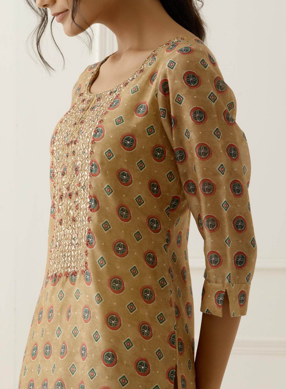 Lime Gota Work Suit Set with contrast Bhandani Dupatta