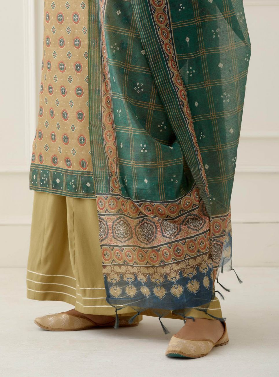 Lime Gota Work Suit Set with contrast Bhandani Dupatta