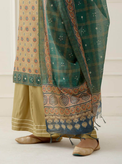 Lime Gota Work Suit Set with contrast Bhandani Dupatta