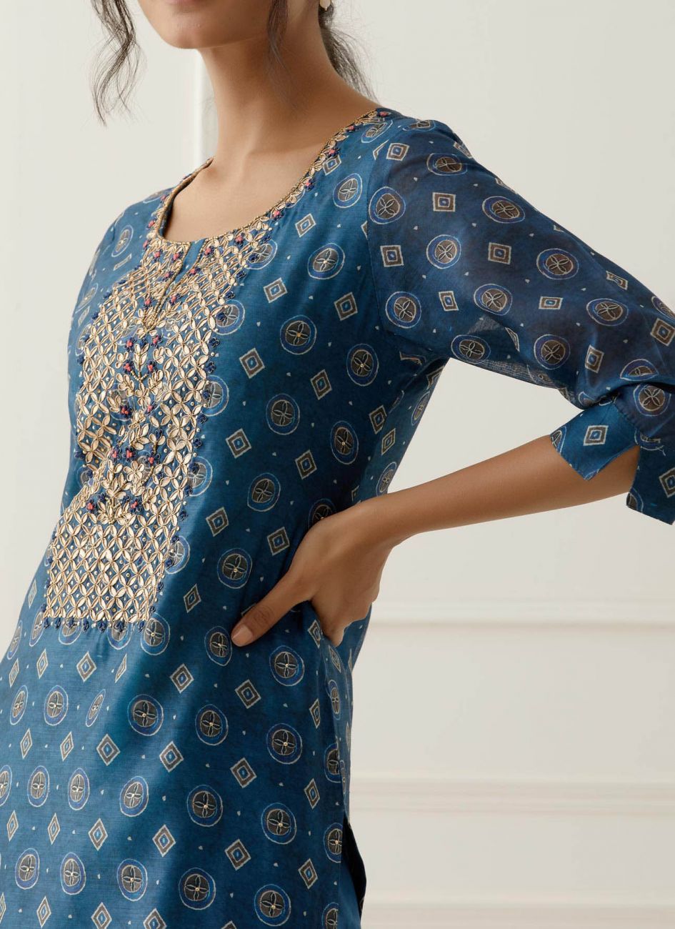 Blue Gota Work Suit Set with contrast Bhandani Dupatta