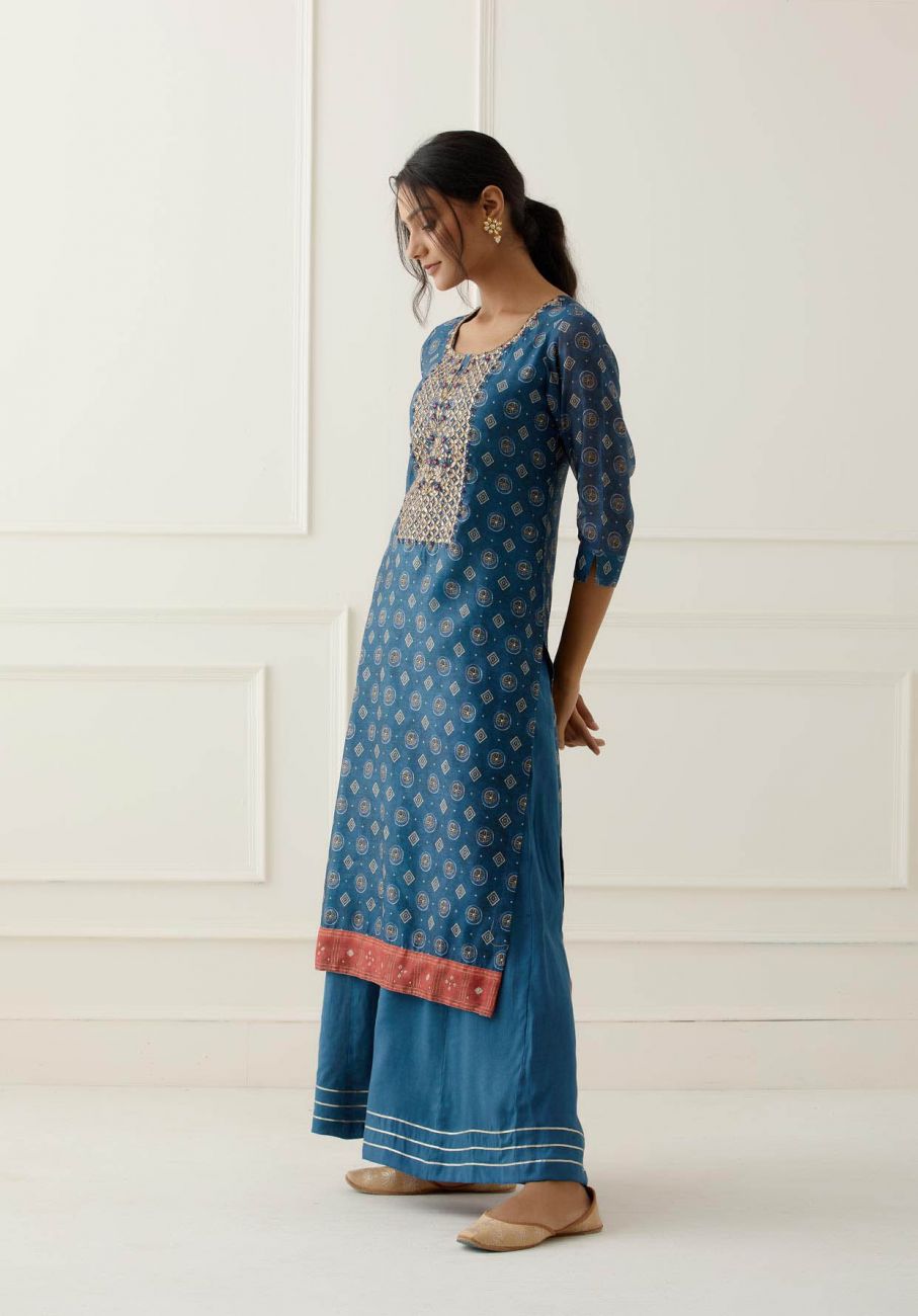 Blue Gota Work Suit Set with contrast Bhandani Dupatta