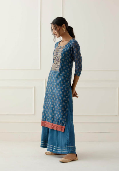 Blue Gota Work Suit Set with contrast Bhandani Dupatta