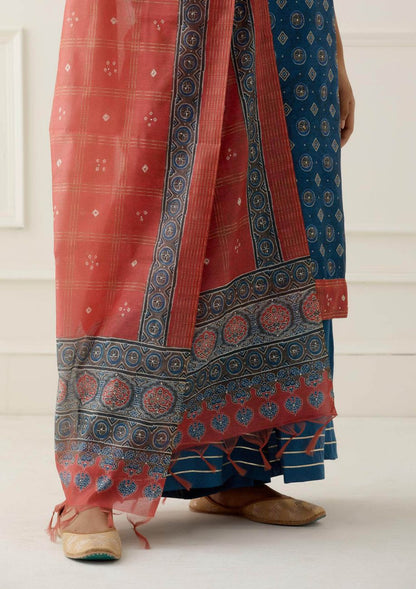 Blue Gota Work Suit Set with contrast Bhandani Dupatta