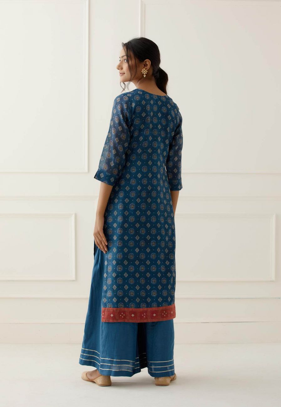 Blue Gota Work Suit Set with contrast Bhandani Dupatta